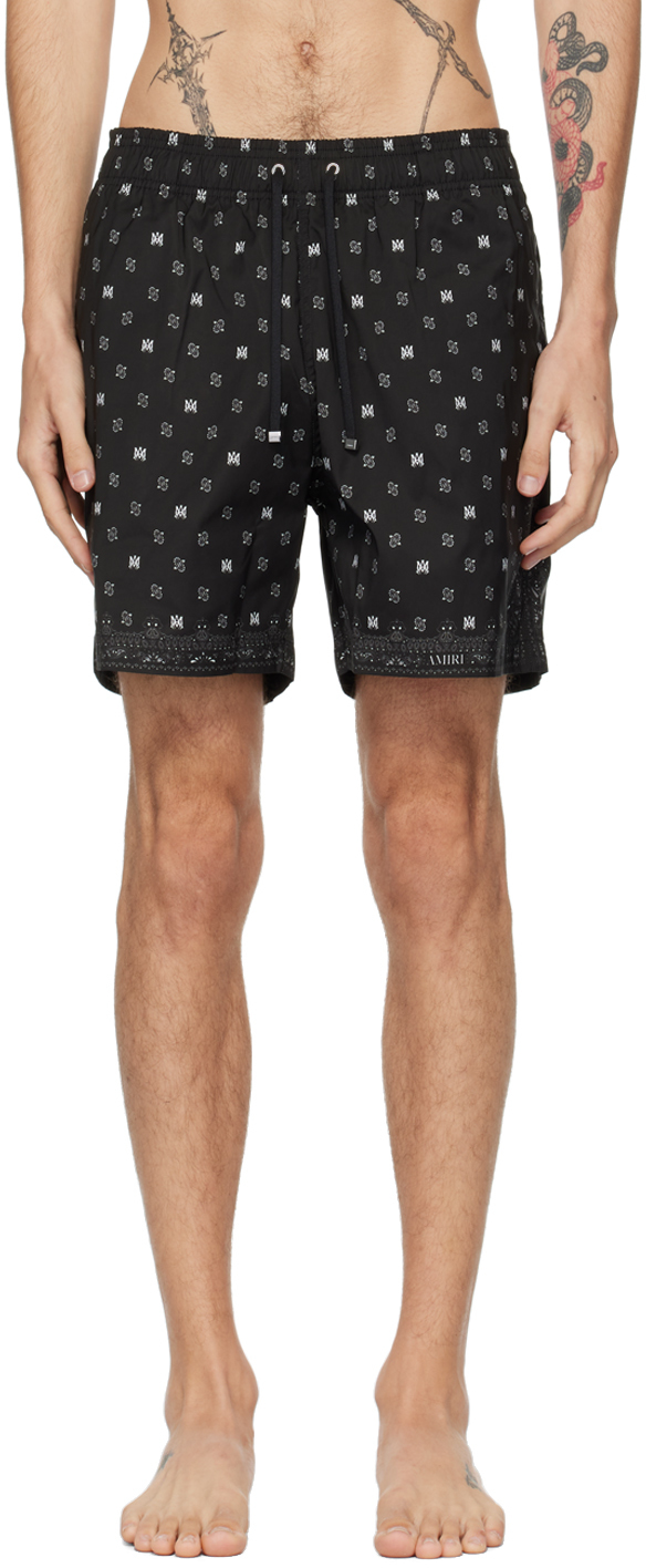 Shop Amiri Black 'ma' Paisley Swim Shorts