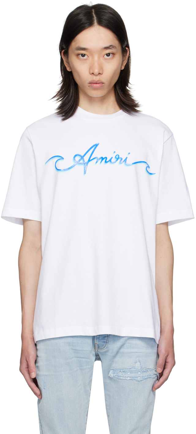 Shop Amiri White Printed Wave Logo T-shirt