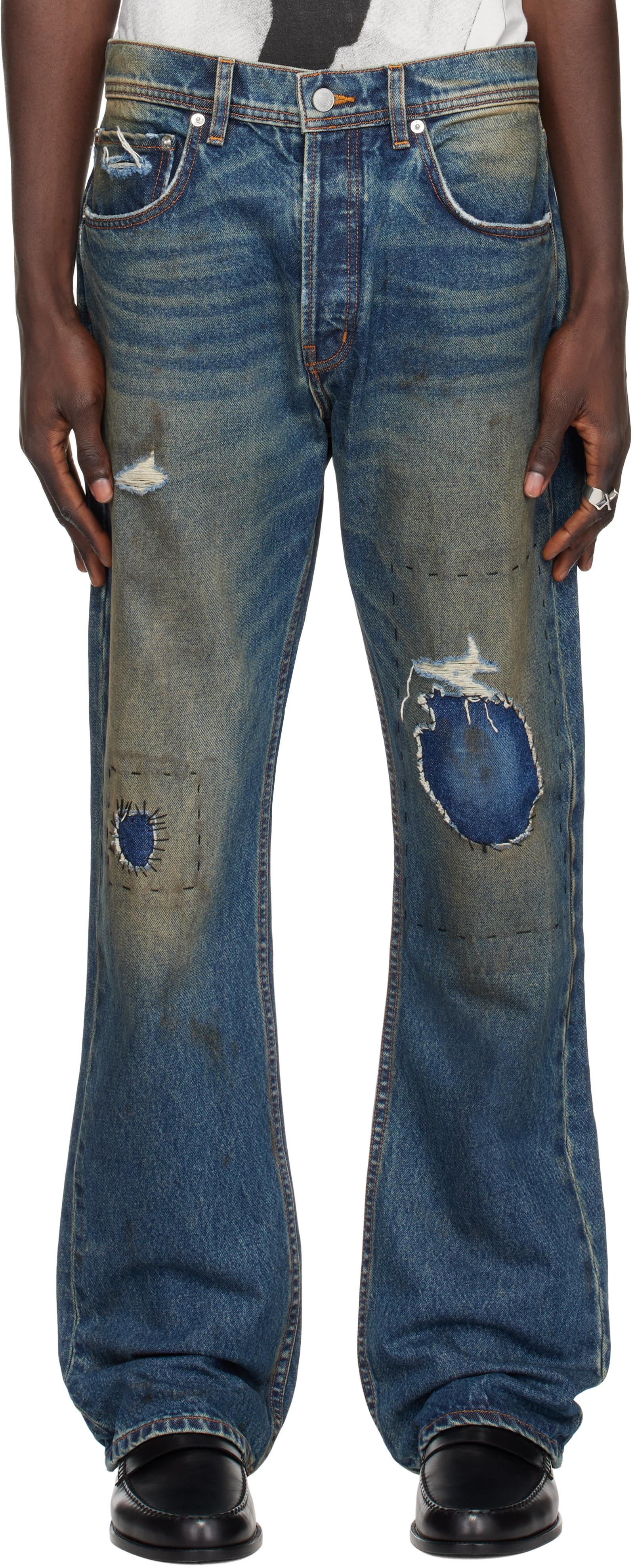 Blue Thrashed Flare Jeans