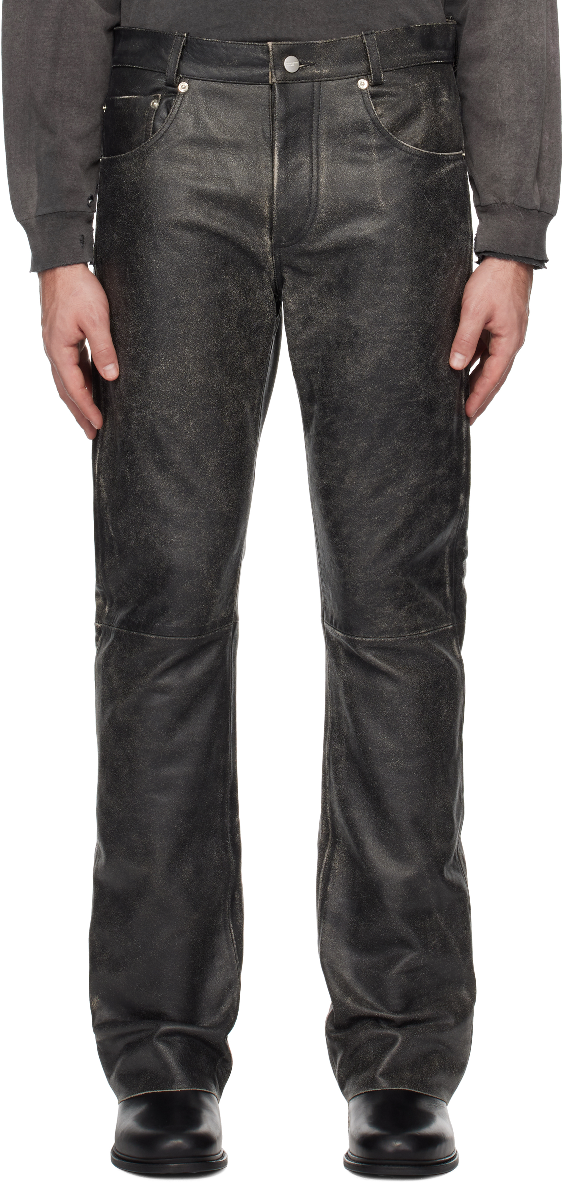 Black Distressed Raw Hem Flare Leather Pants