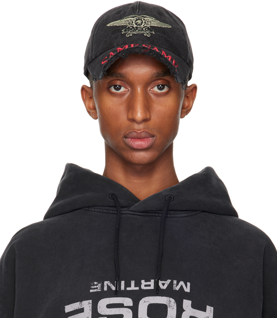 Martine Rose Black Cut Peak Back Cap In Black Washed