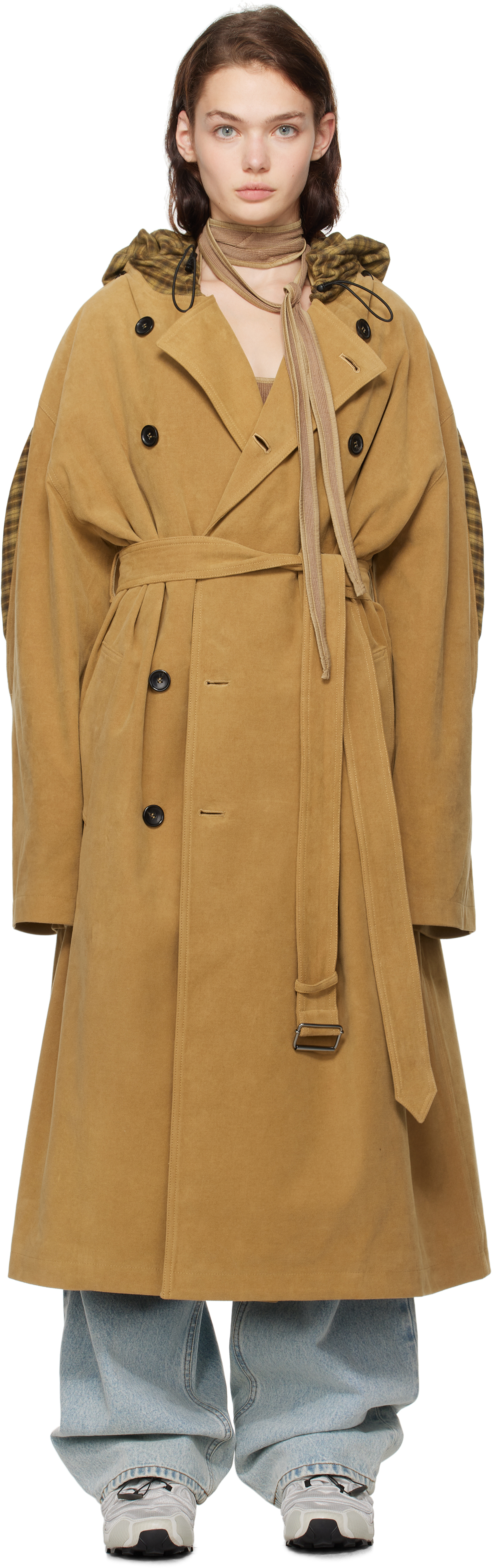 Beige Insert Hood Trench Coat