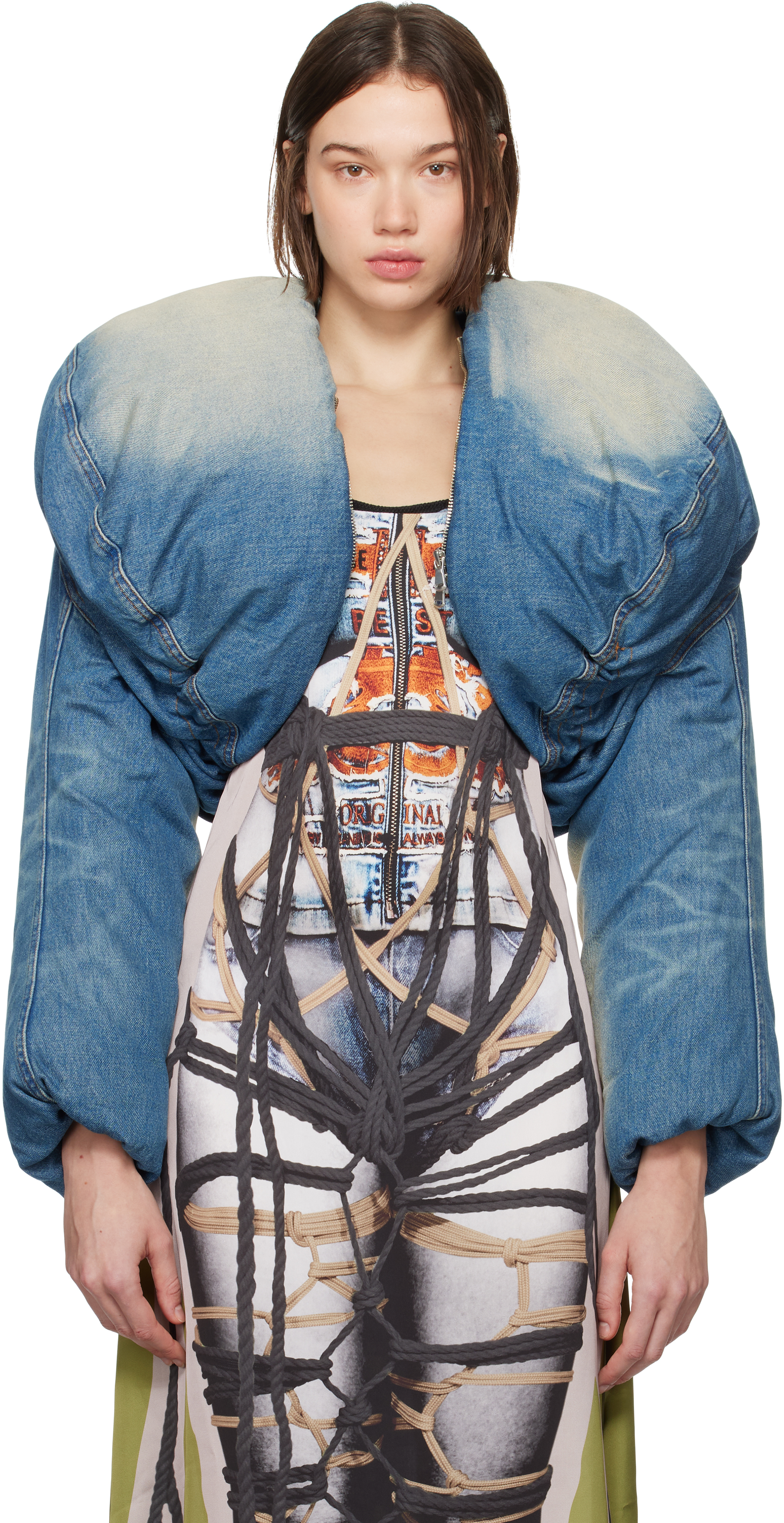 Blue Cropped Puffer Denim Jacket