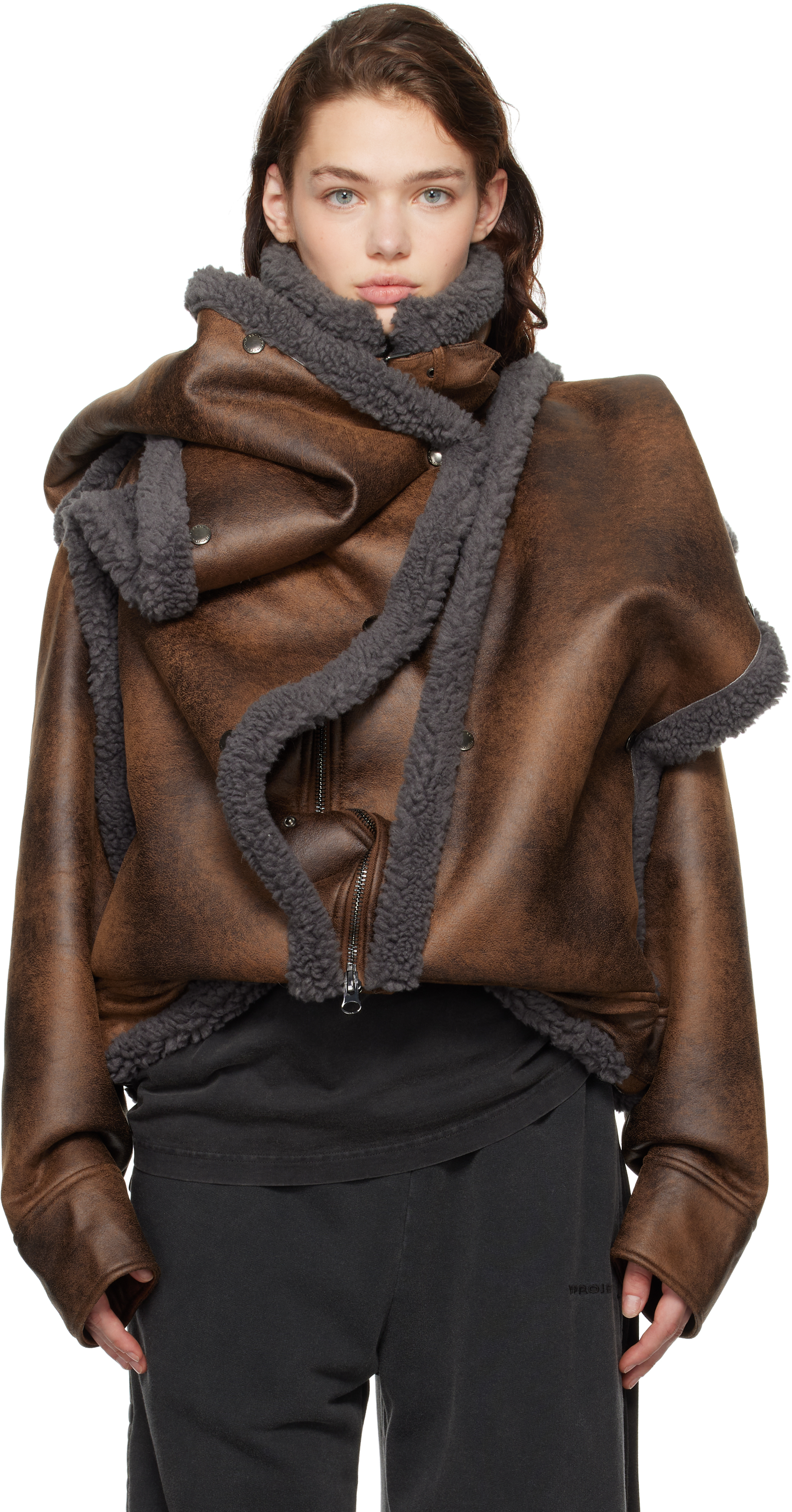 Y/PROJECT BROWN SNAP OFF PANEL HOOD AVIATOR FAUX-SHEARLING JACKET 