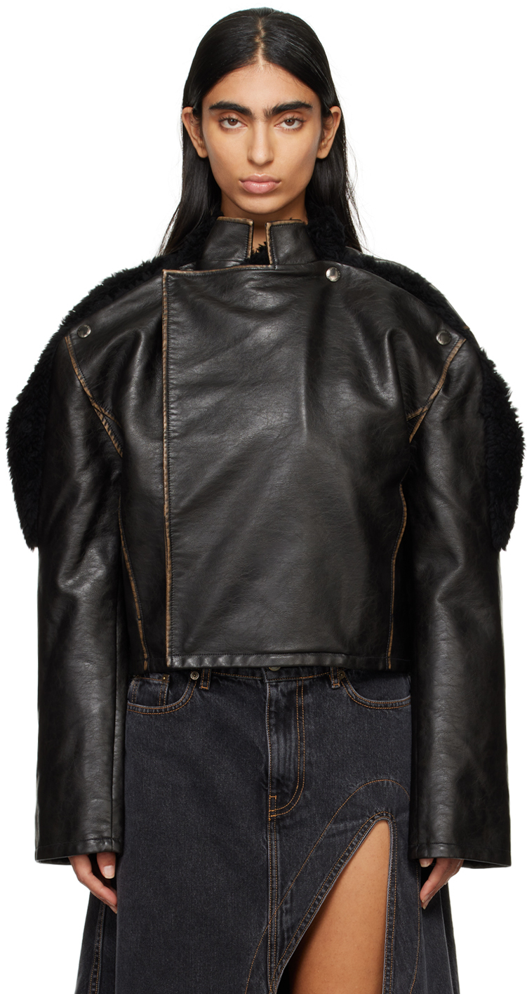 Shop Y/project Brown Collapsed Shoulder Faux-leather Jacket In Dark Brown/black