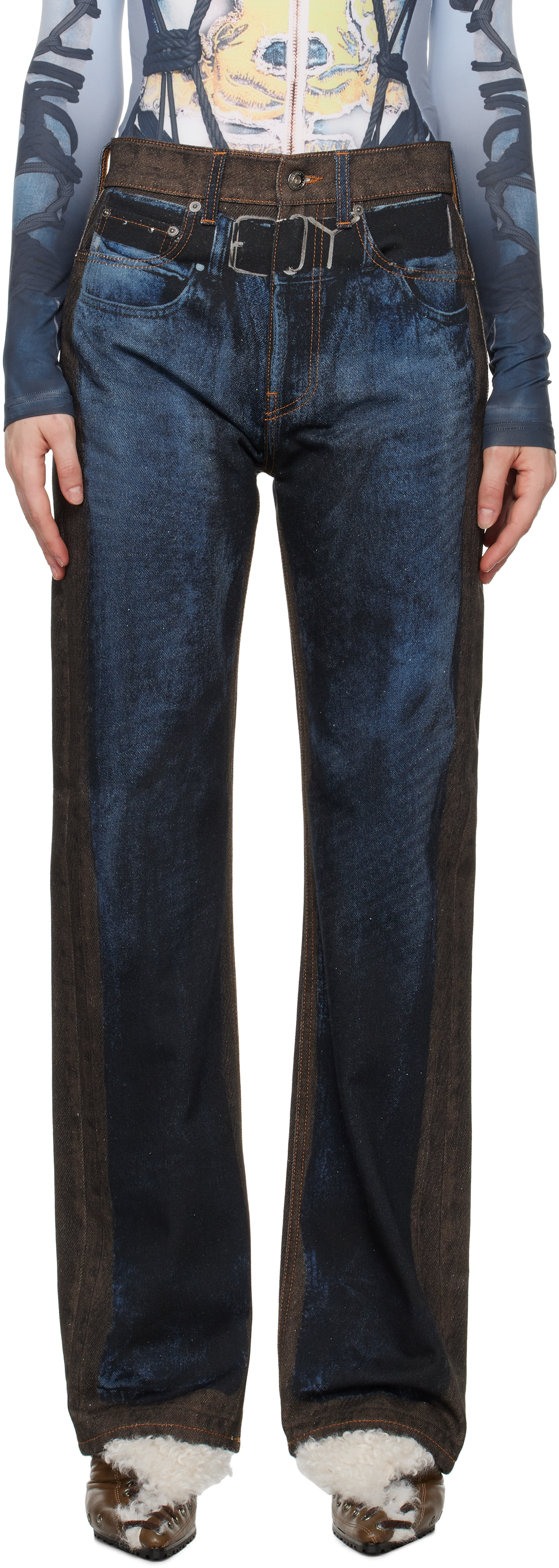 Y/project Blue & Brown 'yp' Trompe L'oeil Jeans In Blue/brown