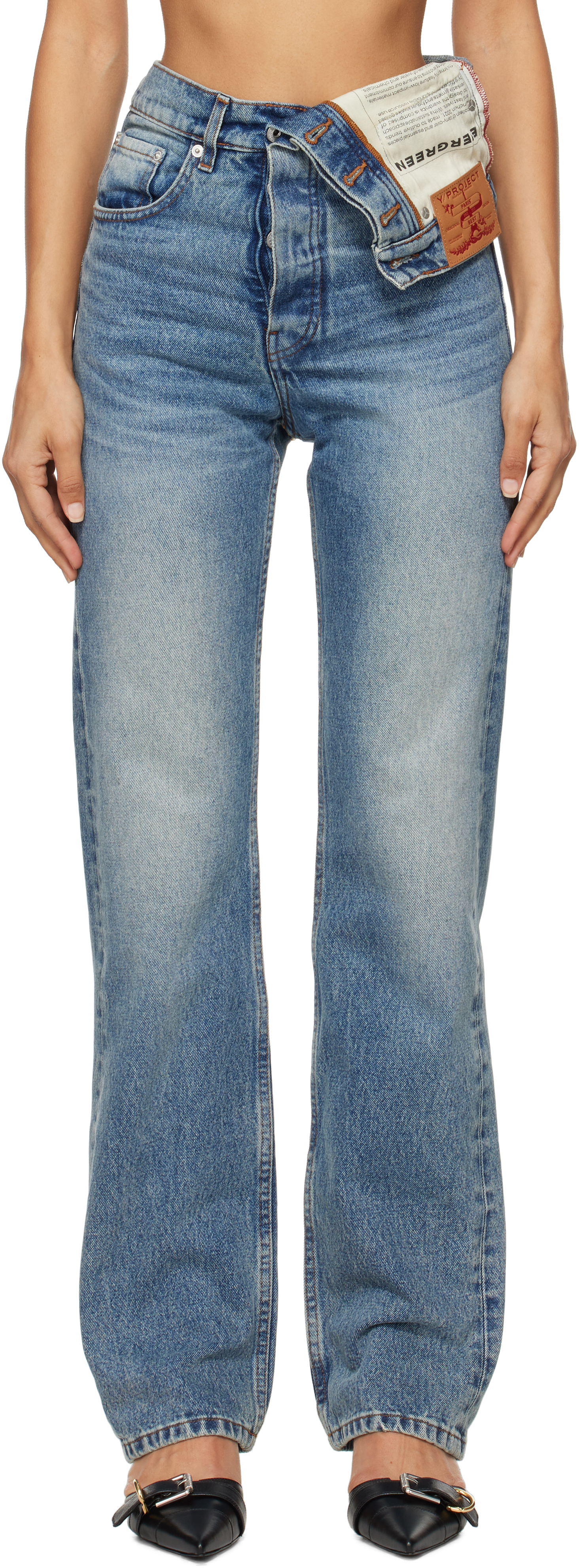 Y/PROJECT BLUE EVERGREEN ASYMMETRIC JEANS 