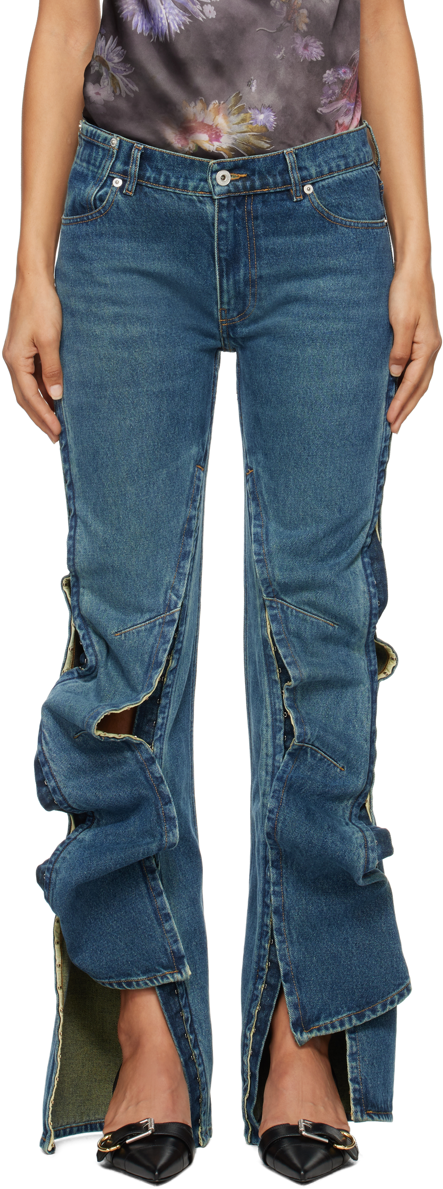 Shop Y/project Blue Hook And Eye Slim Jeans In Evergreen Vintage Bl