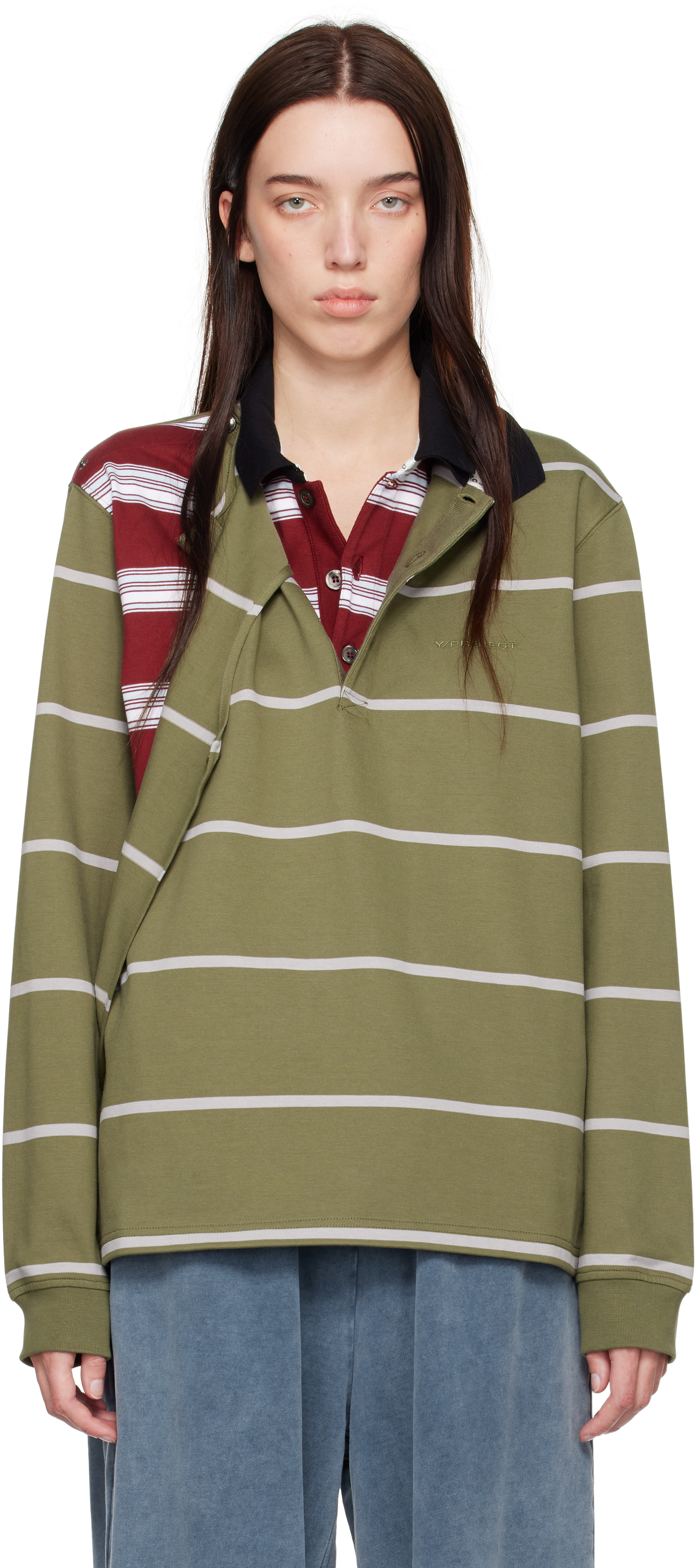 Green & Red Double Collar Snap Off Long Sleeve Polo