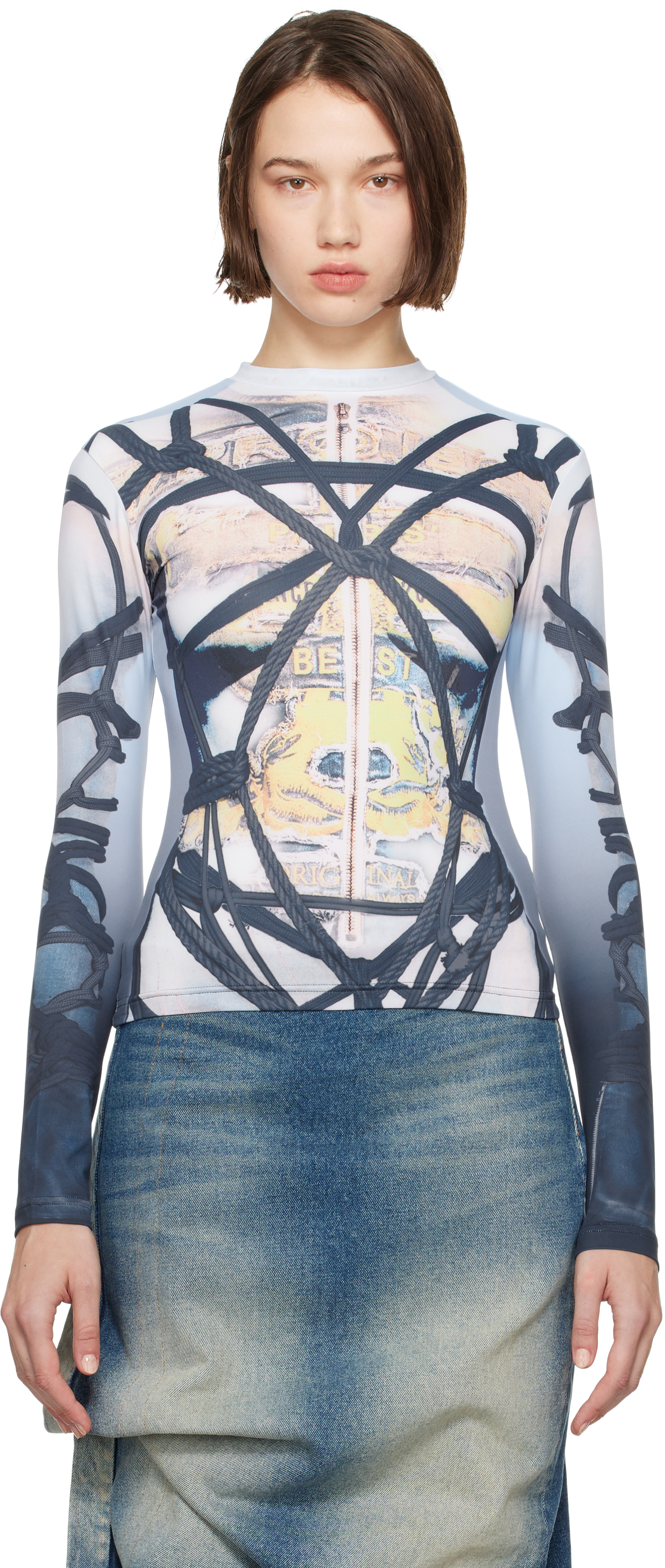 Y/PROJECT BLUE BONDAGE PRINT LONG SLEEVE FITTED T-SHIRT 