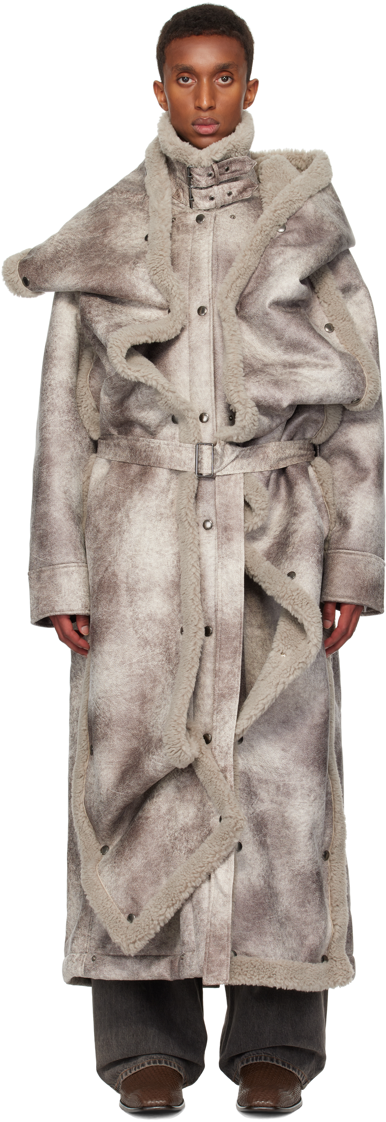 Gray Snap Off Panel Hood Aviator Faux-Shearling Coat