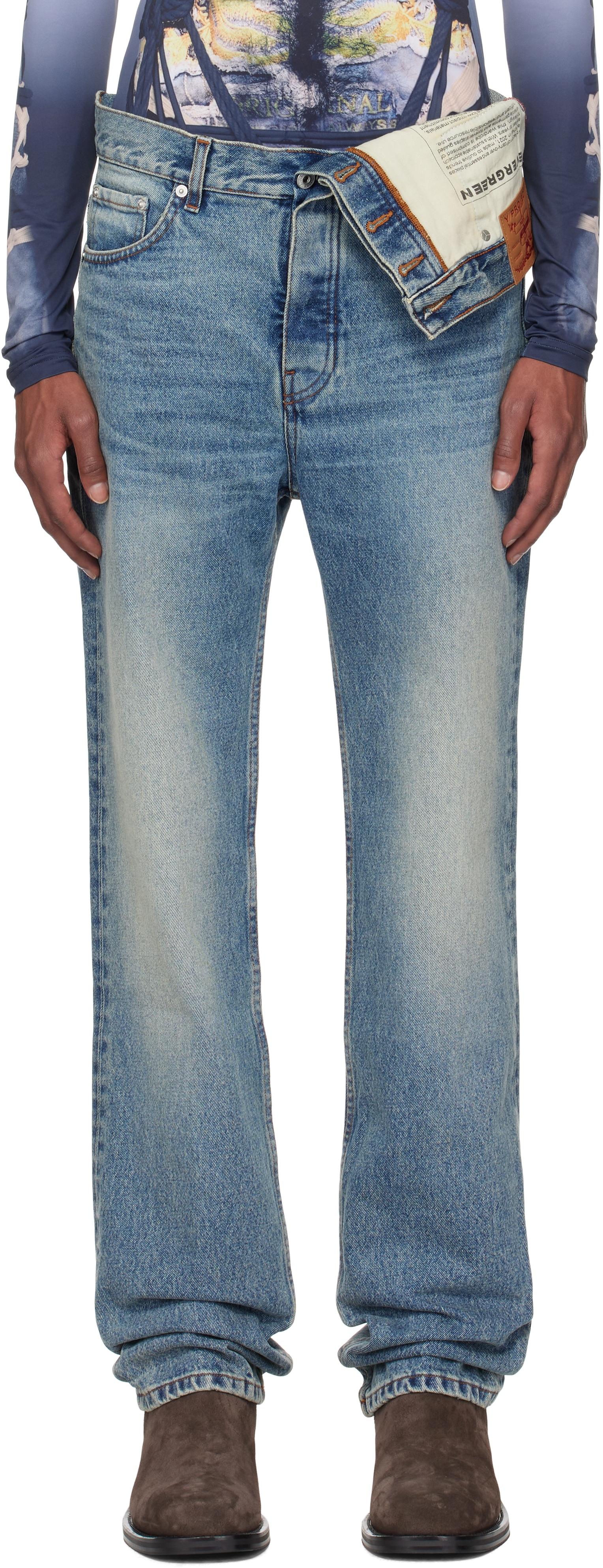 Shop Y/project Blue Asymmetric Slim Jeans In Evergreen Vintage Bl