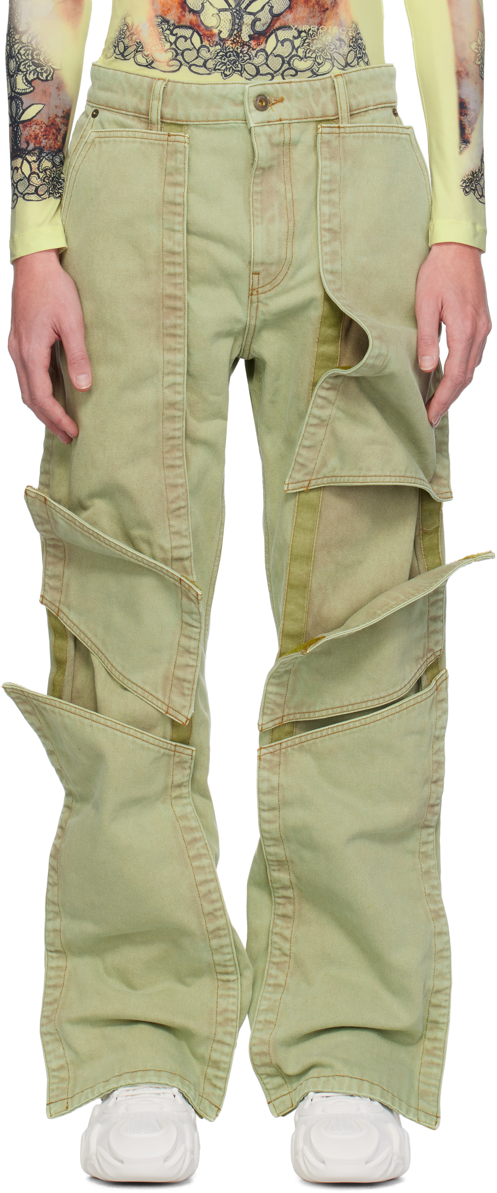 Y/project Green Velcro Multi Panel Jeans In Light Green