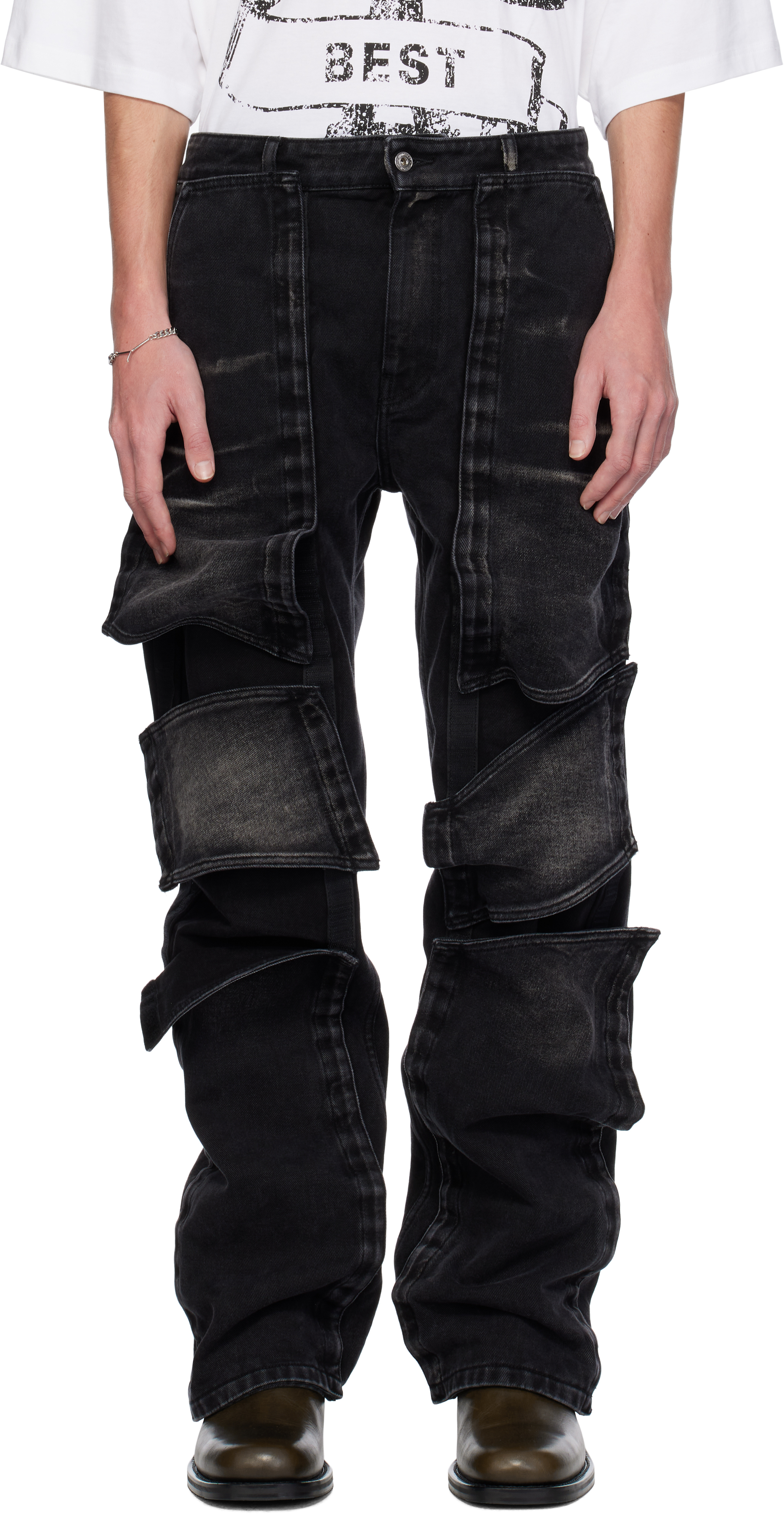 Y/PROJECT BLACK VELCRO MULTI PANEL JEANS 