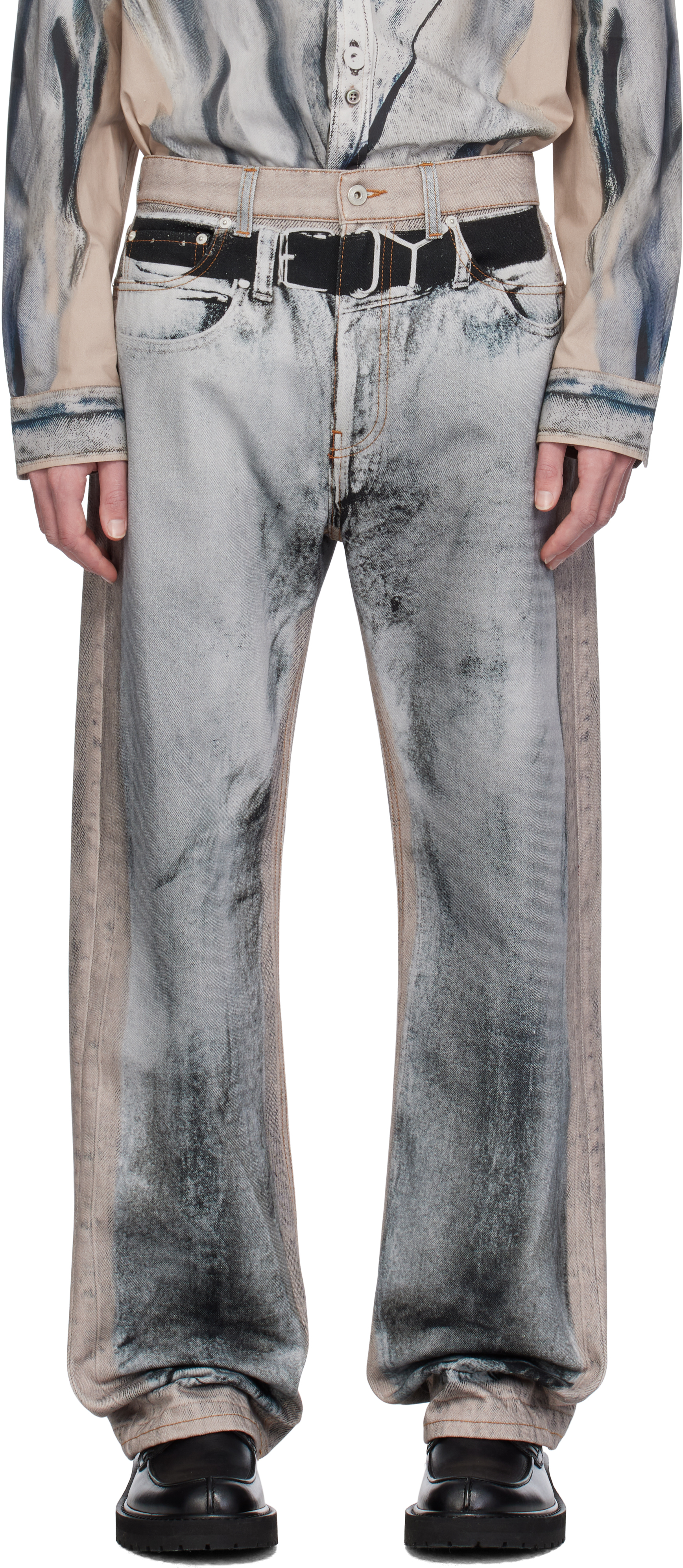 Y/project Beige & Gray 'yp' Trompe L'oeil Jeans In Grey/beige