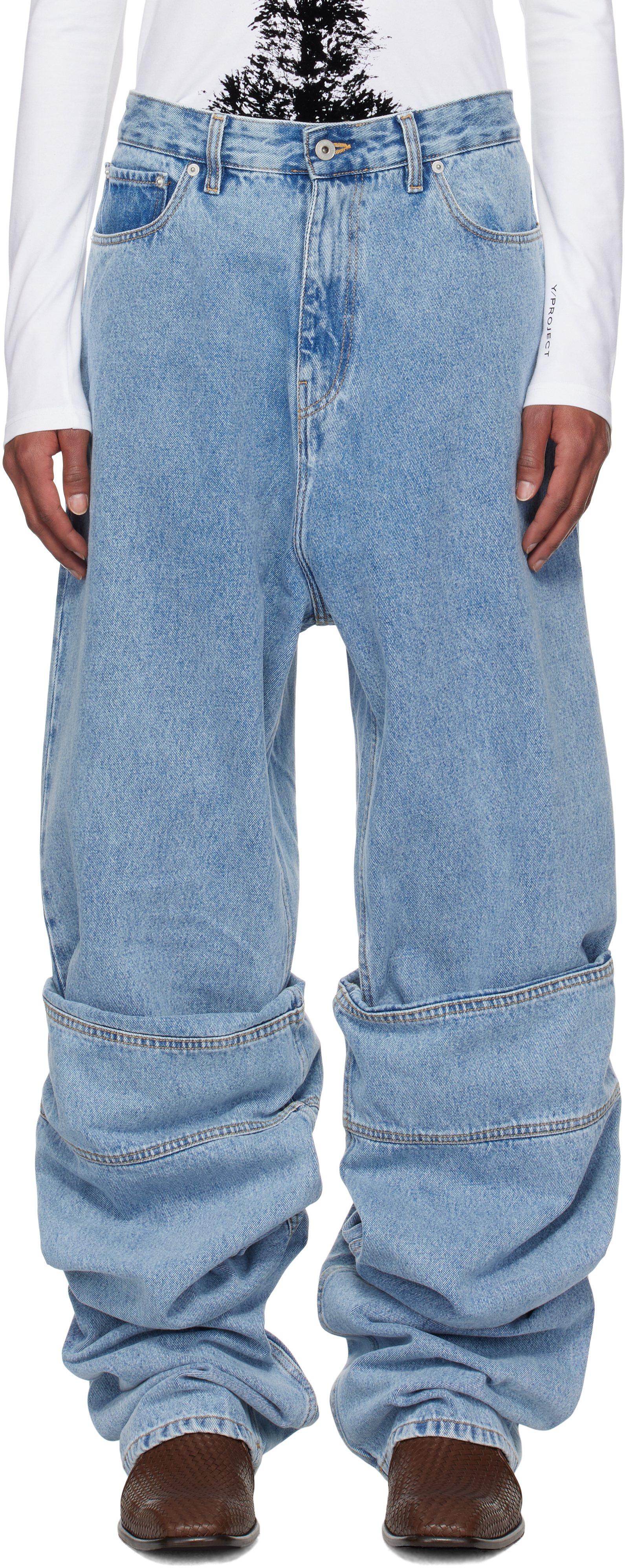 Shop Y/project Blue Draped Cuff Jeans In Evergreen Ice Blue