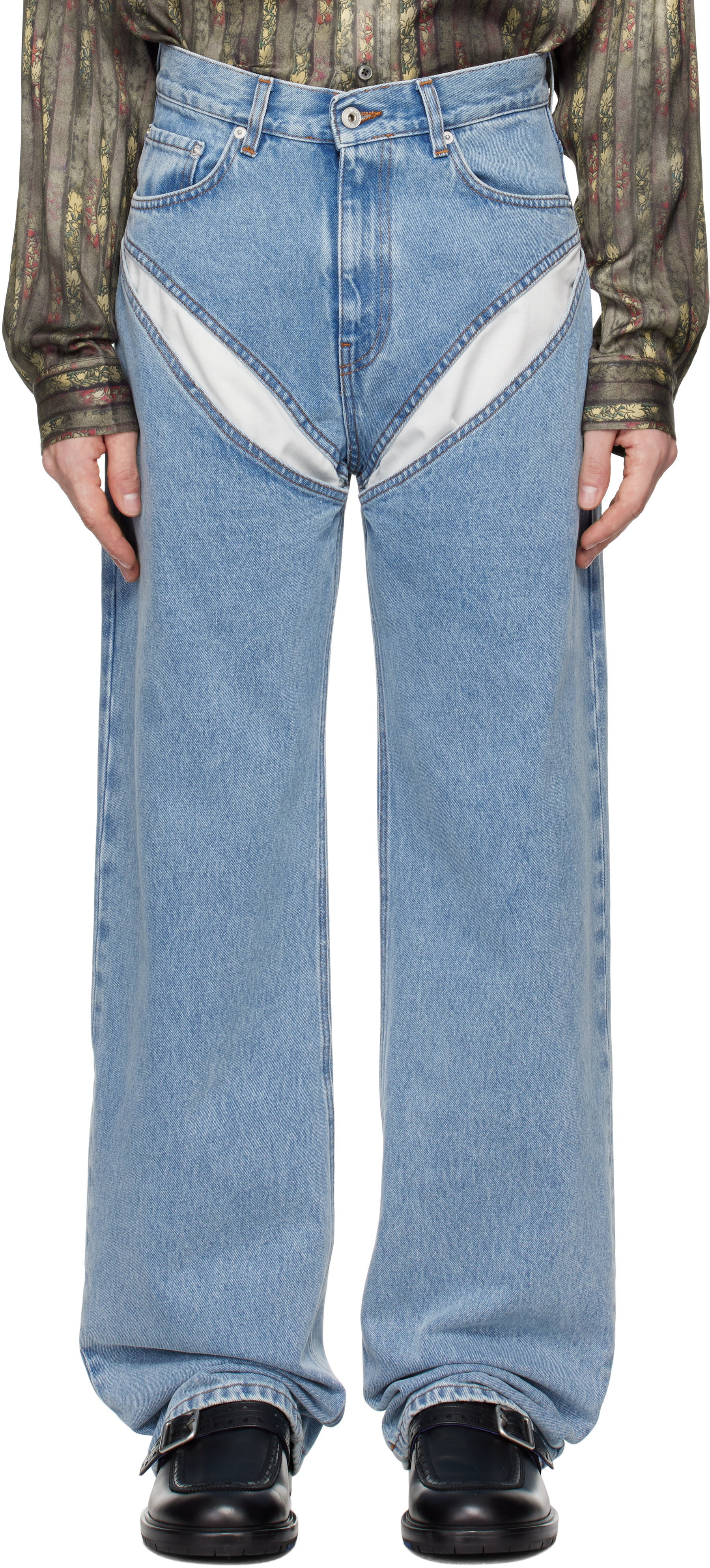 Shop Y/project Blue Cut Out Jeans In Evergreen Ice Blue