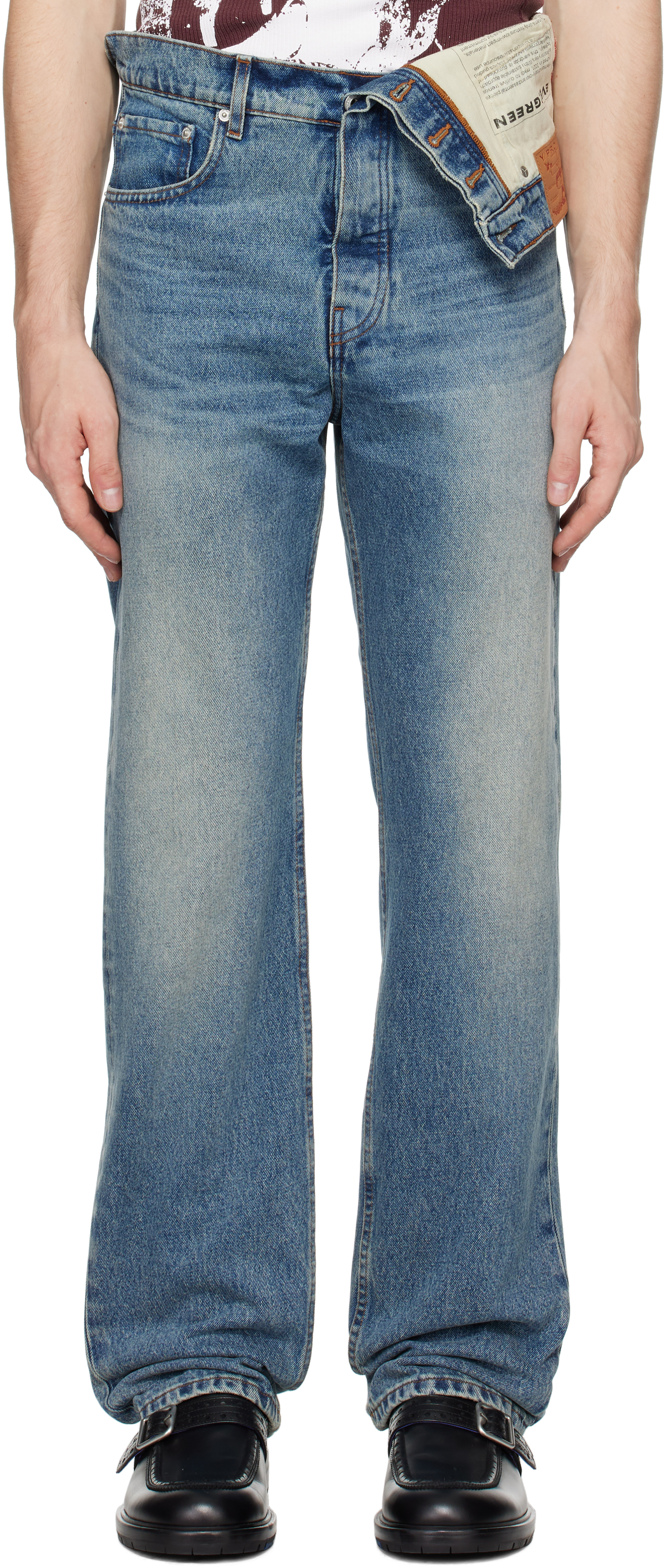 Shop Y/project Blue Asymmetric Jeans In Evergreen Vintage Bl