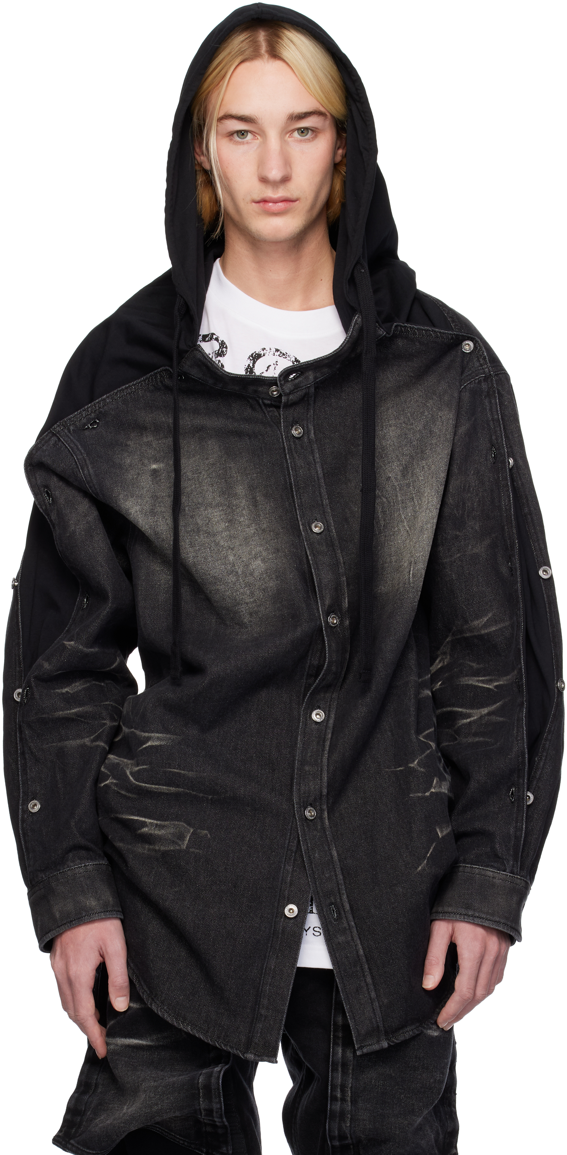 Y/project Black Insert Hood Denim Shirt In Faded Black