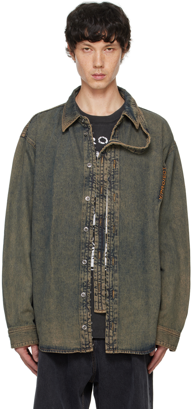 Shop Y/project Gray Hook & Eye Long Sleeve Denim Shirt In Dusty Beige