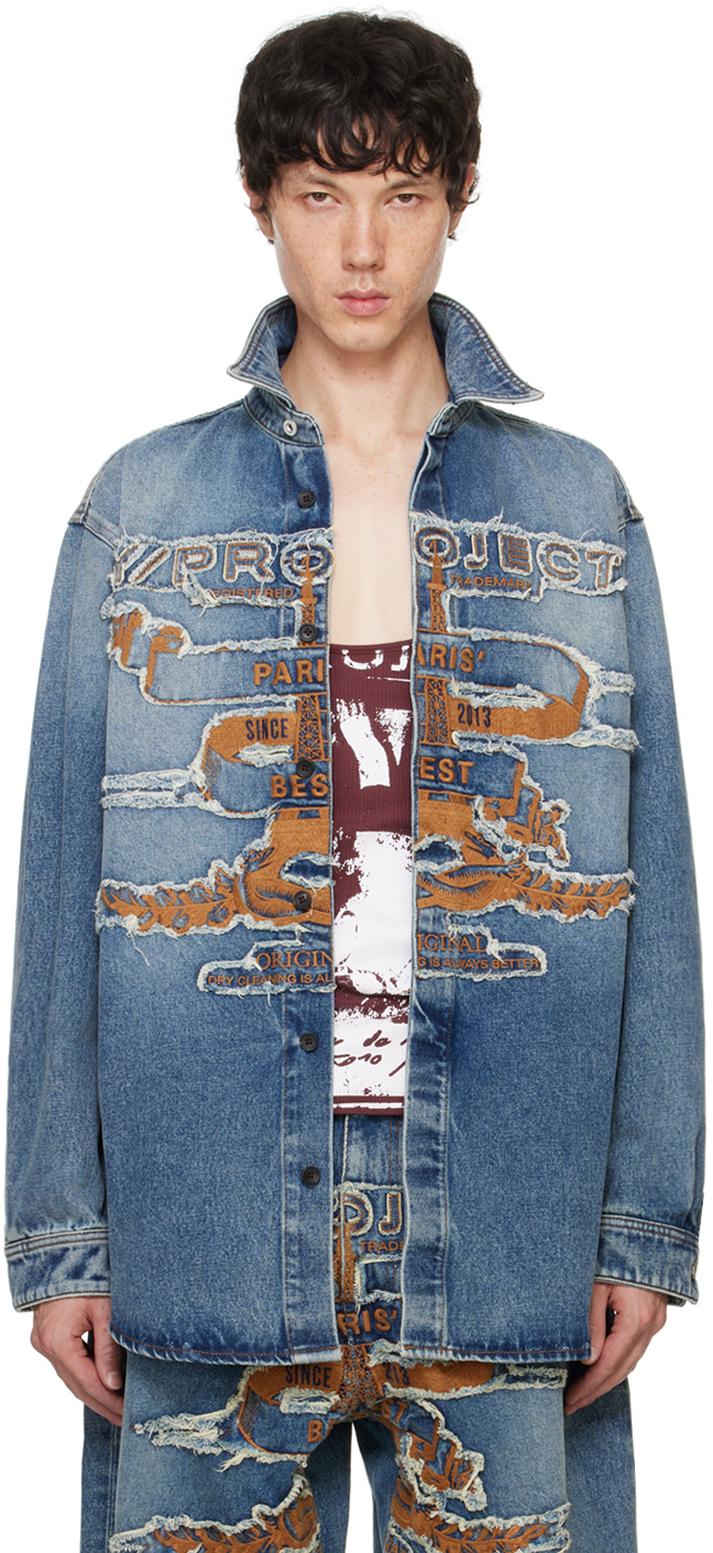 Shop Y/project Blue Paris' Best Patch Denim Shirt In Evergreen Vintage Bl