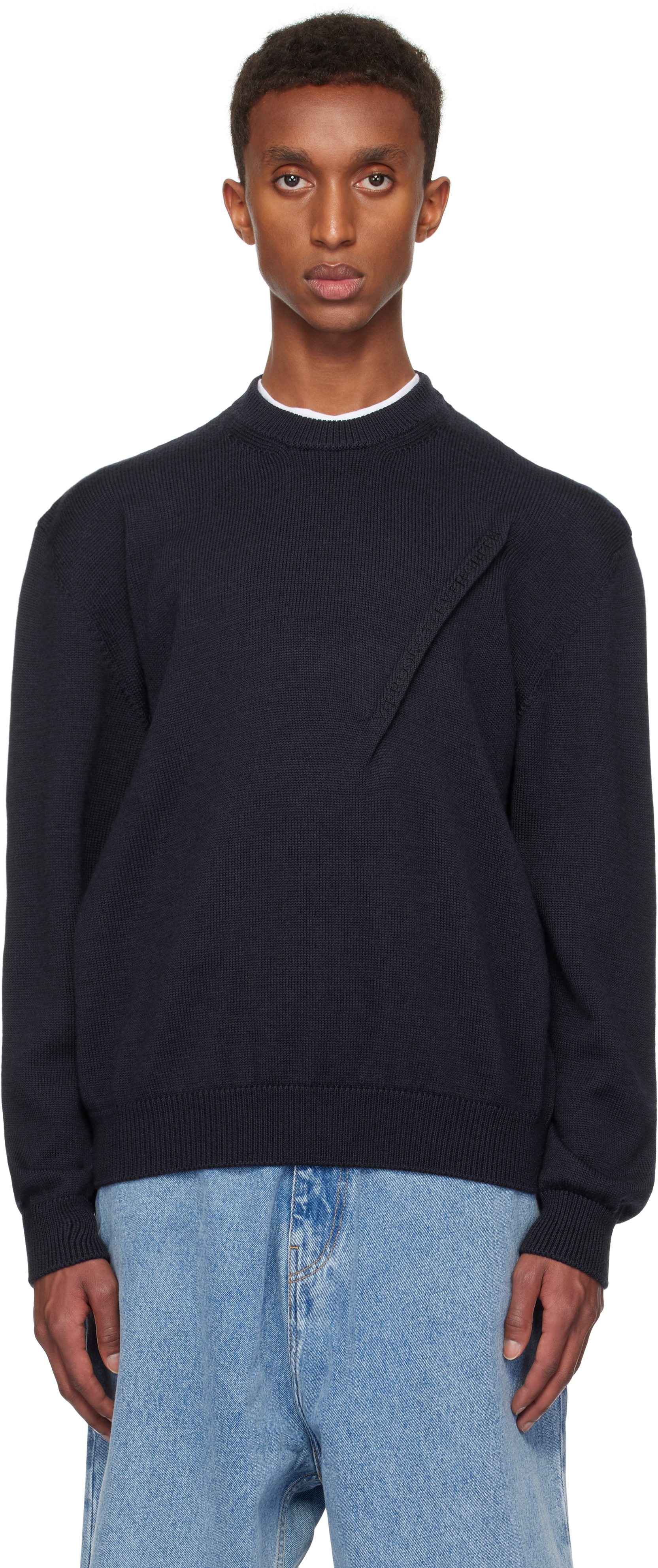 Y/PROJECT NAVY PINCHED LOGO SWEATER 