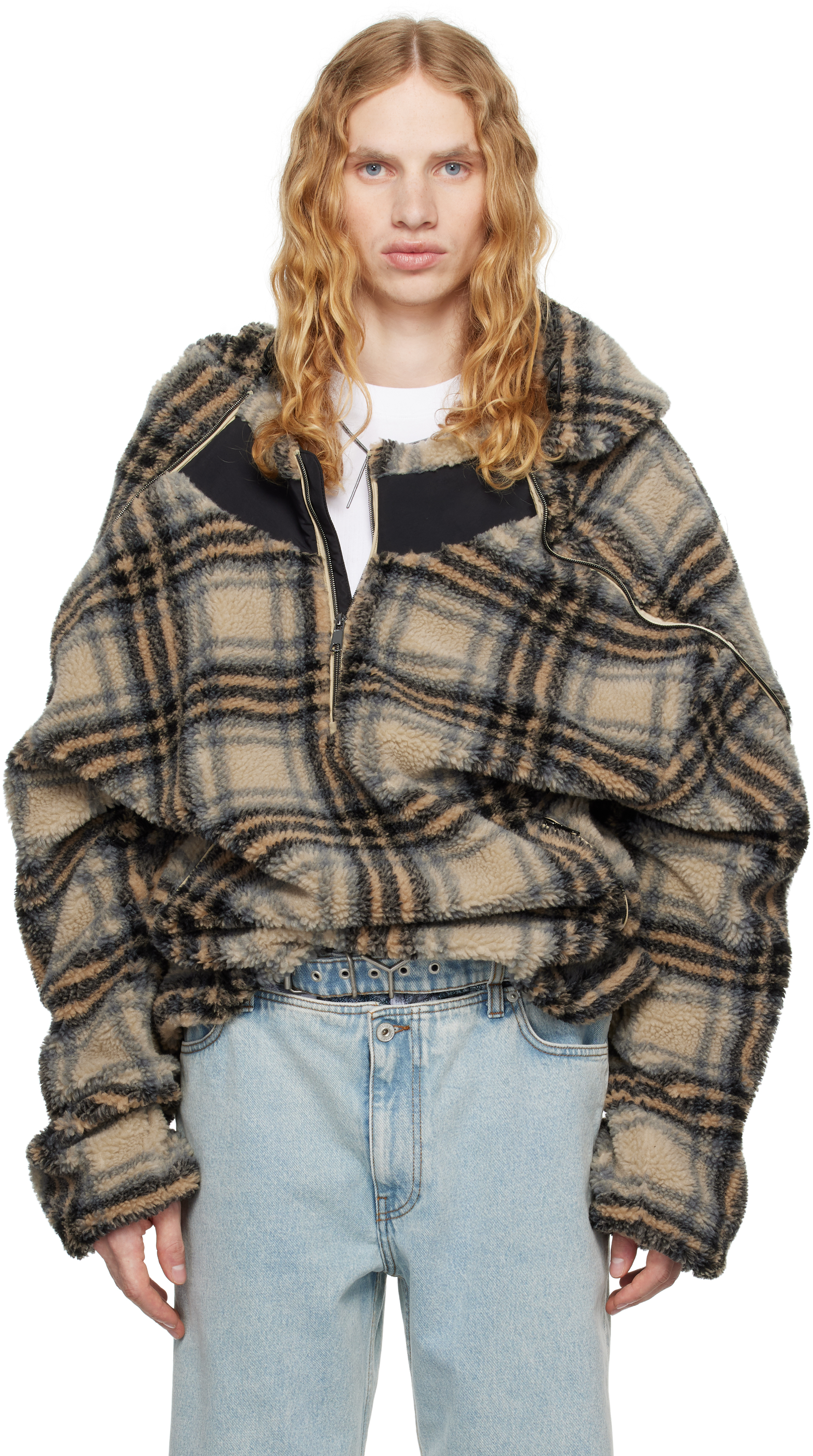 Shop Y/project Beige & Black Insert Hood Fleece Hoodie In Beige/black Check