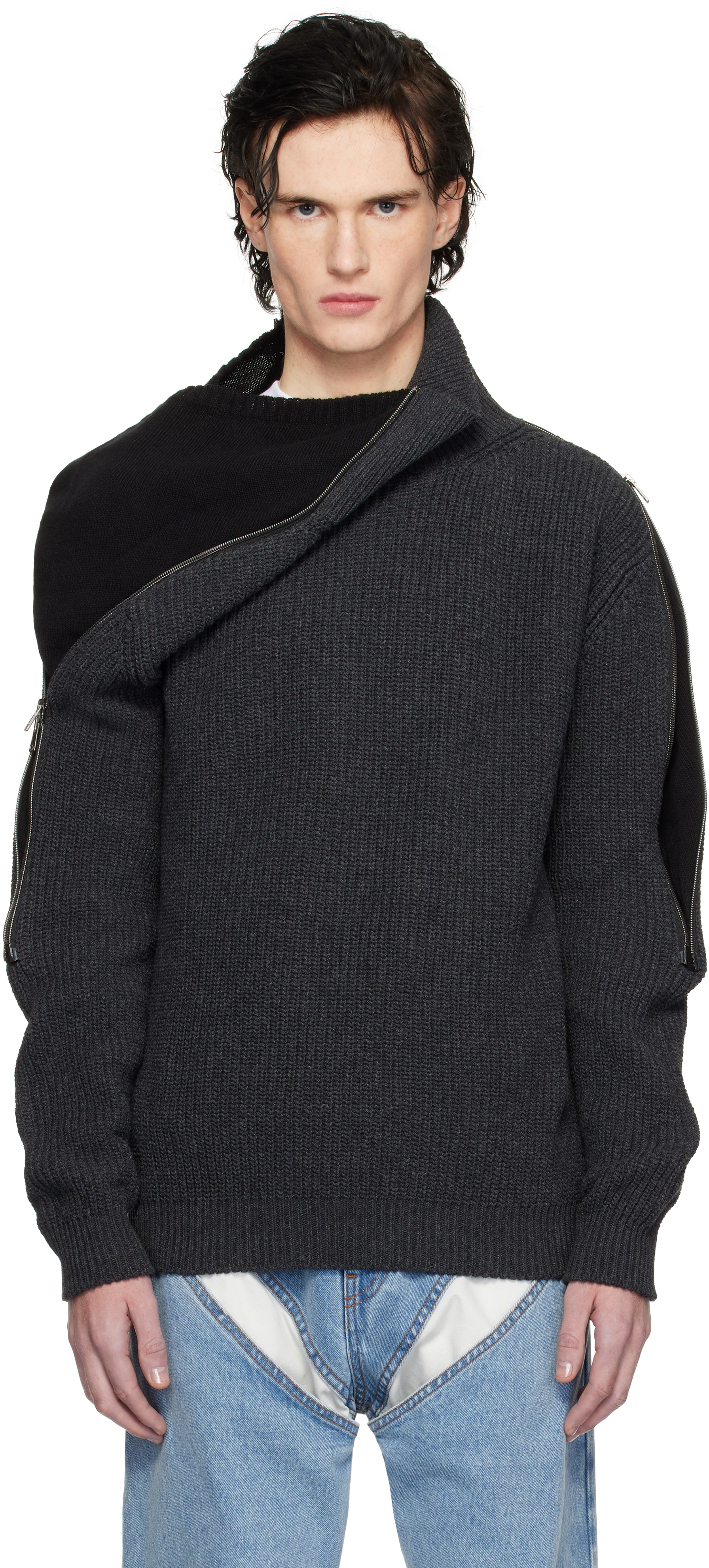 Gray Zip Insert High Neck Sweater