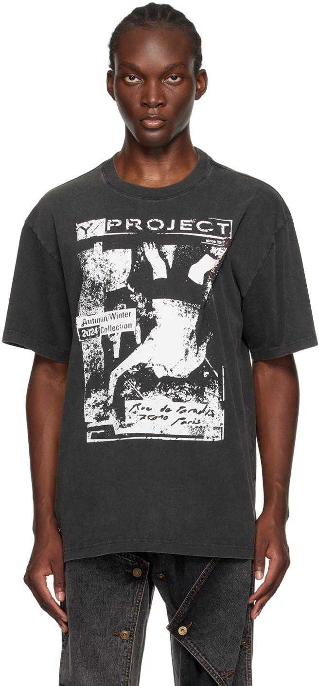 Shop Y/project Black Vintage Rock Band Print Pinched Logo T-shirt In Vintage Black