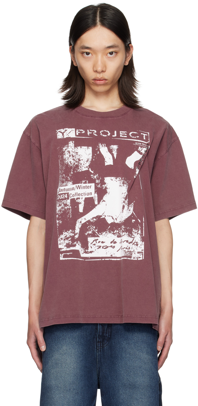 Shop Y/project Burgundy Rock Band Print Pinched Logo T-shirt