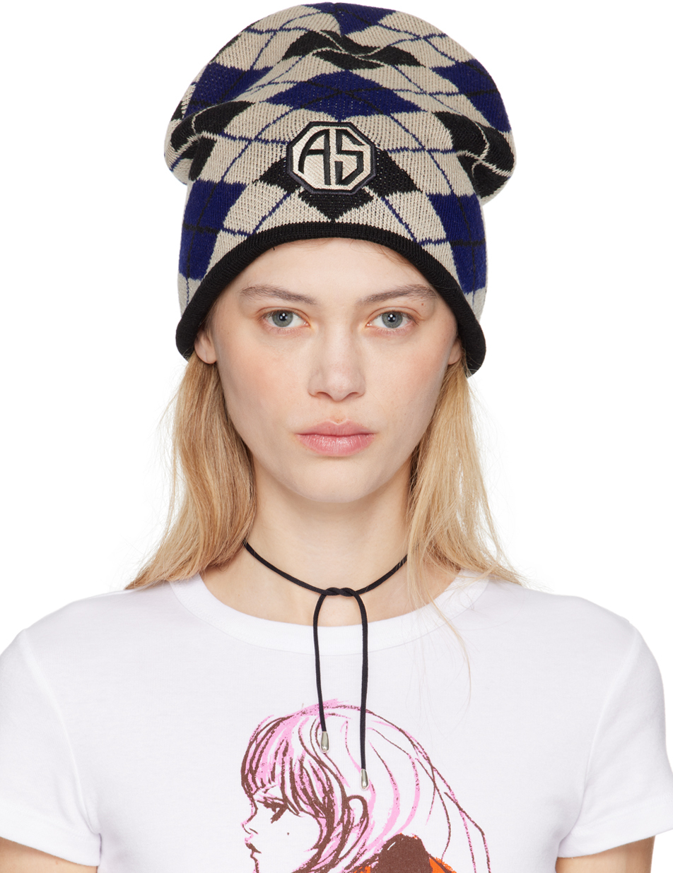 Blue & Beige Argyle Patch Beanie