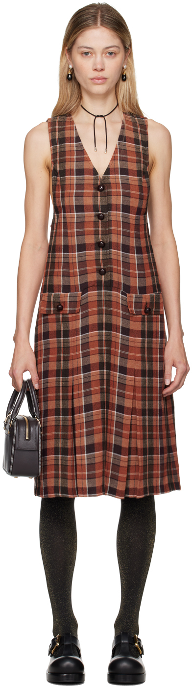 Orange & Brown Plaid Midi Dress