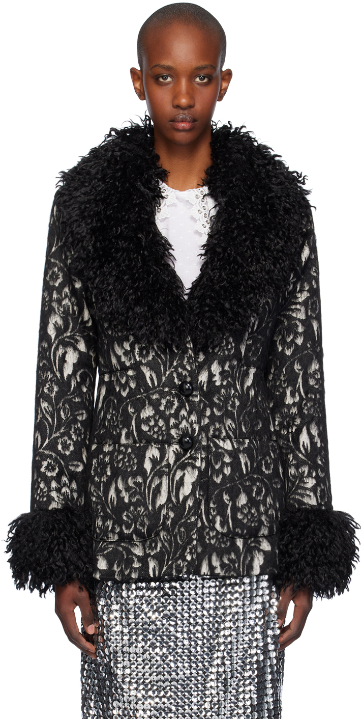 Black Curly Faux-Fur Trimmed Jacket