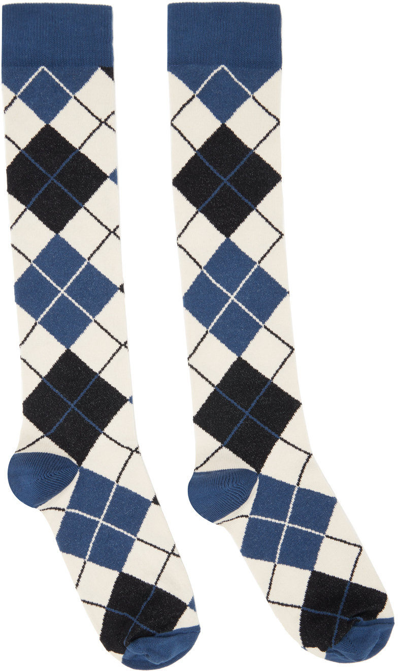 Navy & Off-White Argyle Knee High Socks