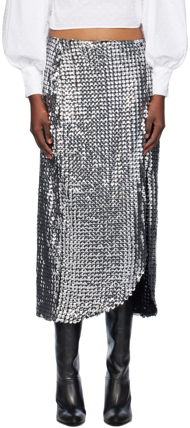 Shop Anna Sui Silver Ruched Midi Skirt In Silver Multi