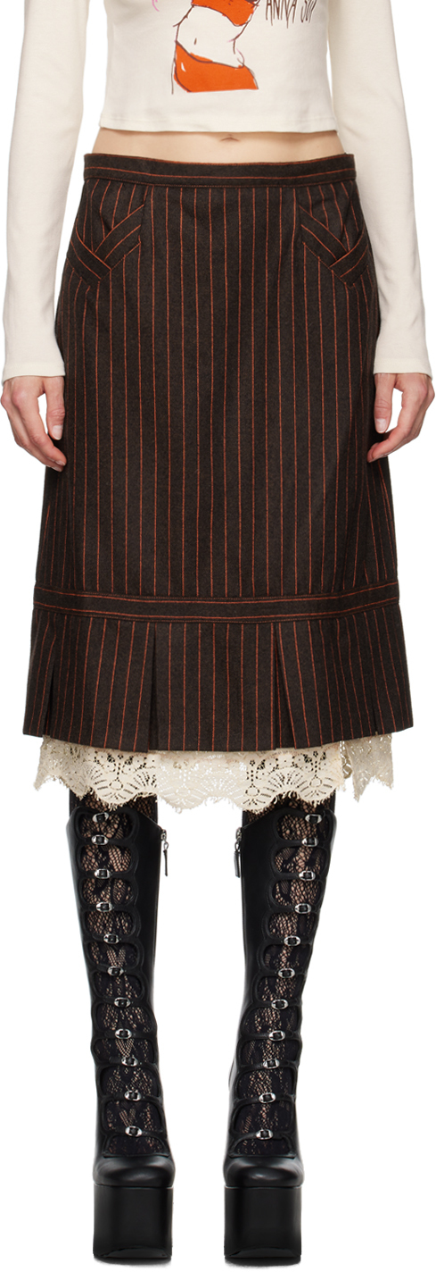 Shop Anna Sui Brown Pinstripe Midi Skirt In Tobacco Multi