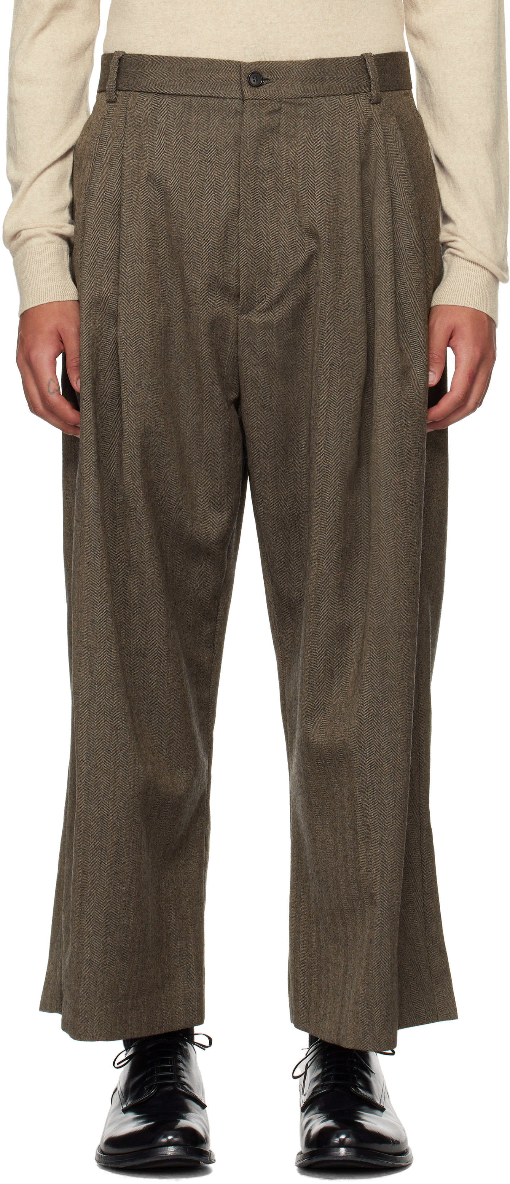 Hed Mayner Brown Herringbone Trousers In Hz113-201