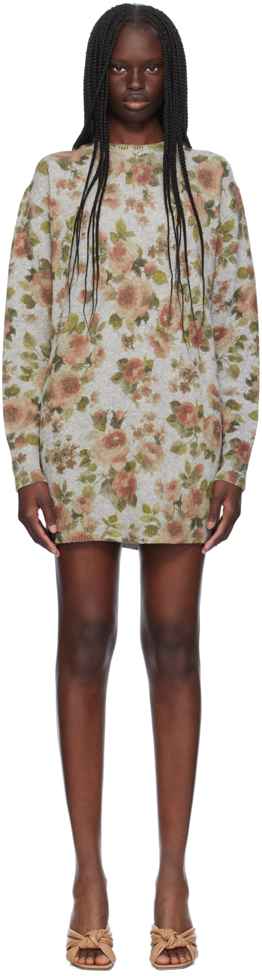 BLUMARINE GRAY & GREEN FLORAL MINIDRESS 