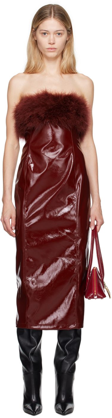Burgundy Marabou Feather Faux-Leather Midi Dress