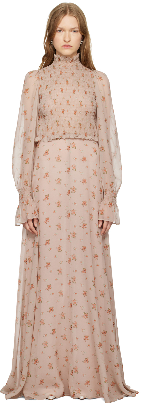 Pink Silk Georgette Bouquet Print Maxi Dress by Blumarine on