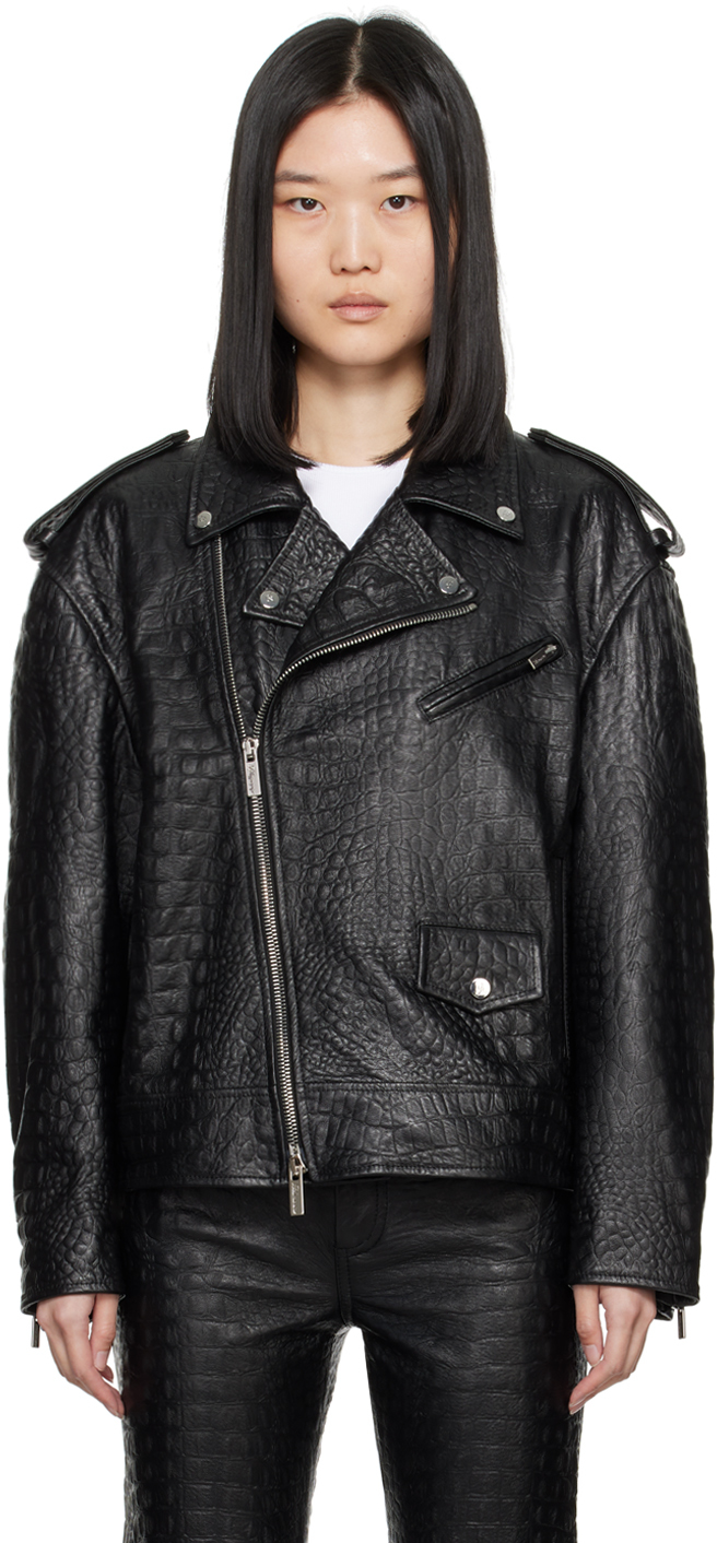 Black Crocodile-Effect Leather Jacket