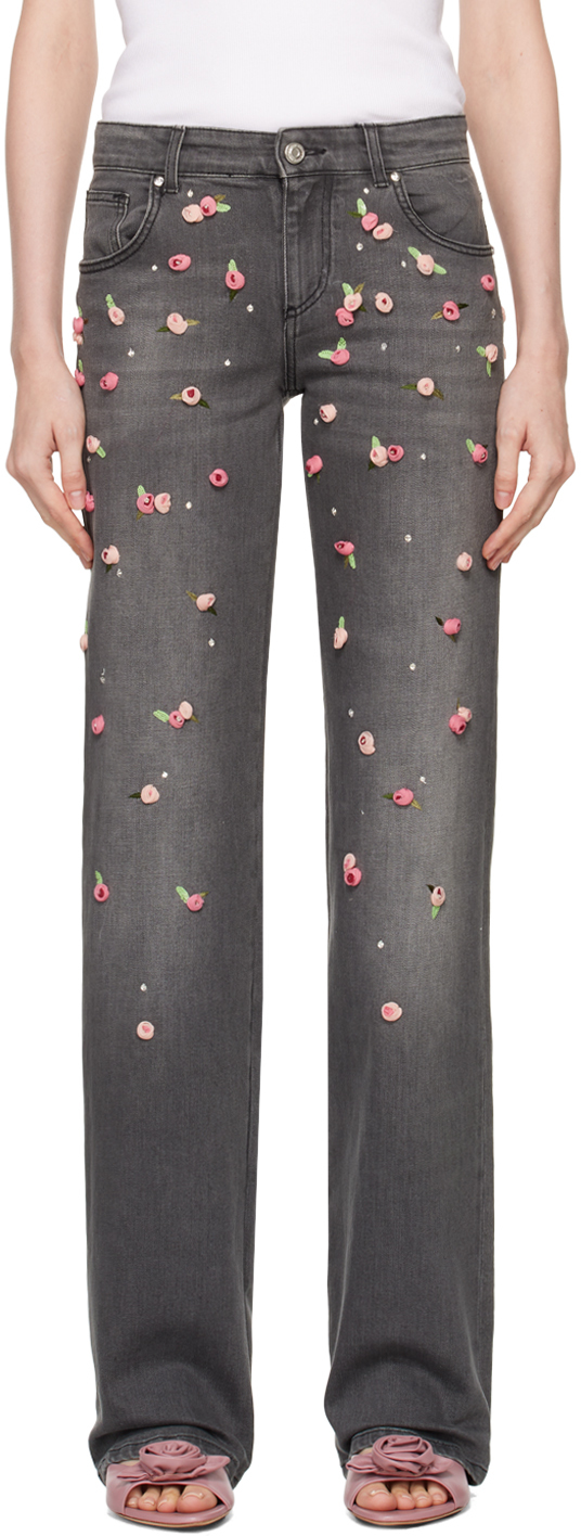 Gray Wide Leg Embroidery Roses Jeans