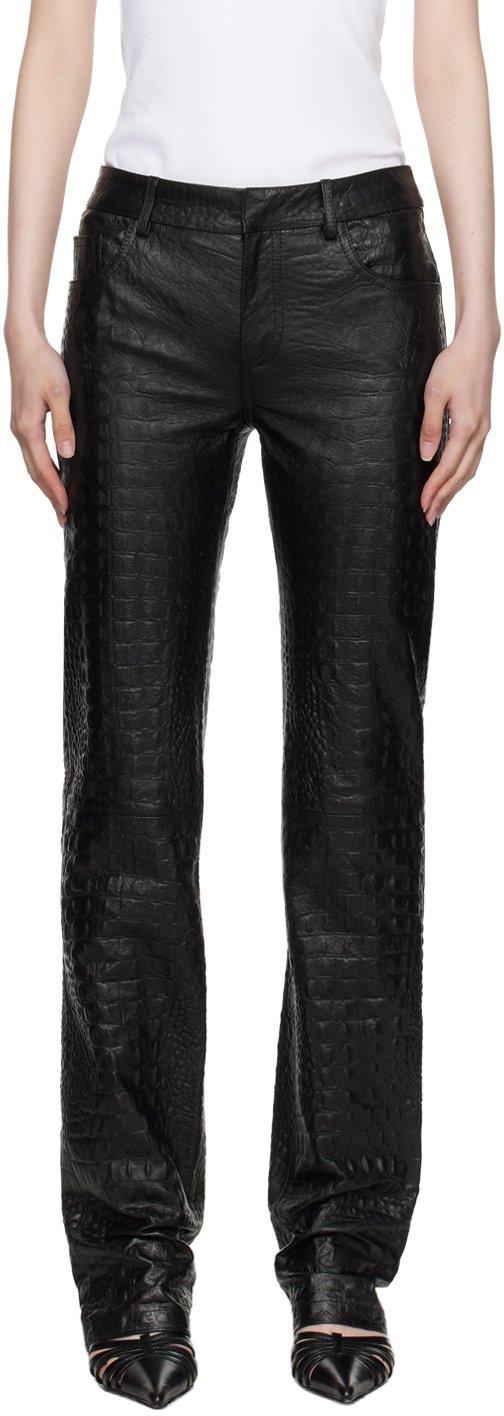 Black Crocodile-Effect Leather Pants