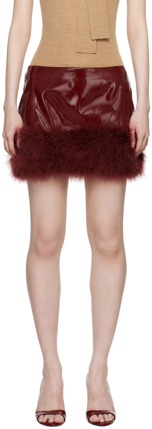 BLUMARINE BURGUNDY MARABOU FEATHER FAUX-LEATHER MINISKIRT 