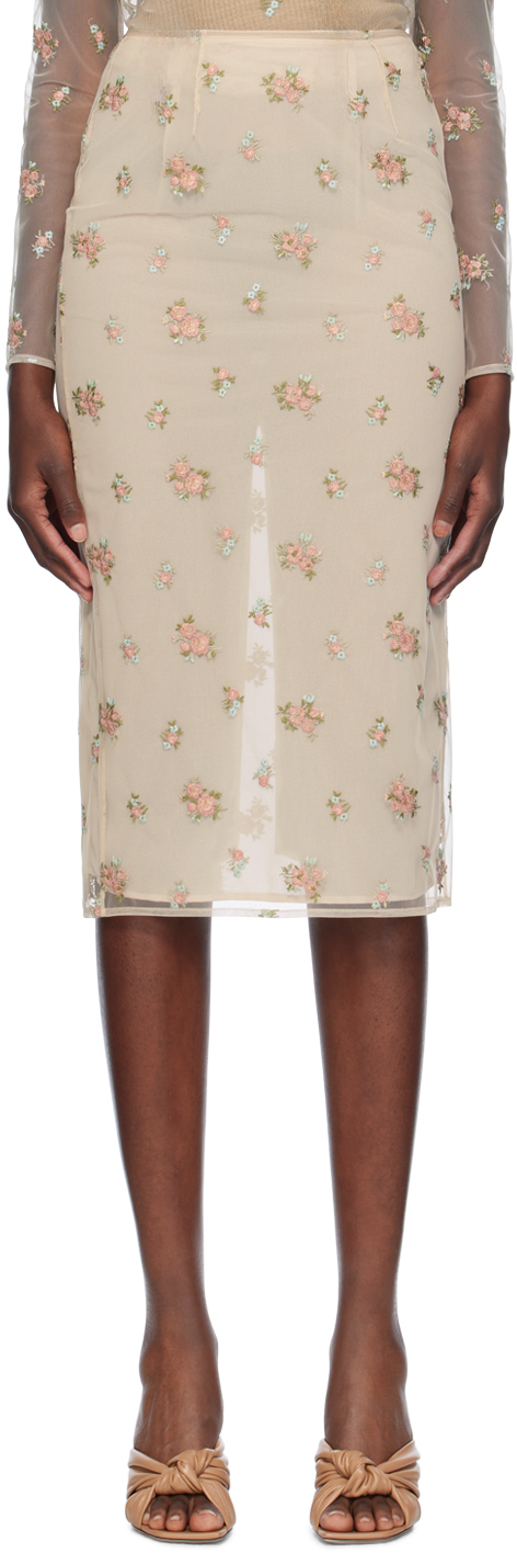 Shop Blumarine Beige Sheer Floral Midi Skirt In F1427 Grain\ginger