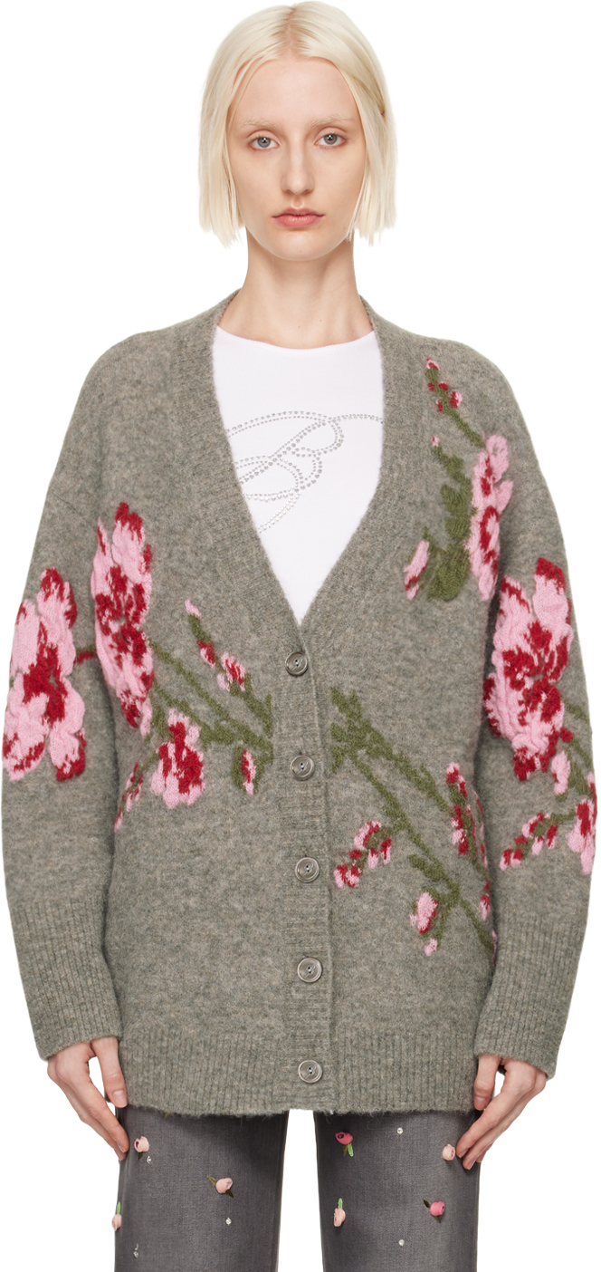 Shop Blumarine Gray Jacquard Roses Cardigan In F9141 Frost Grey/dah