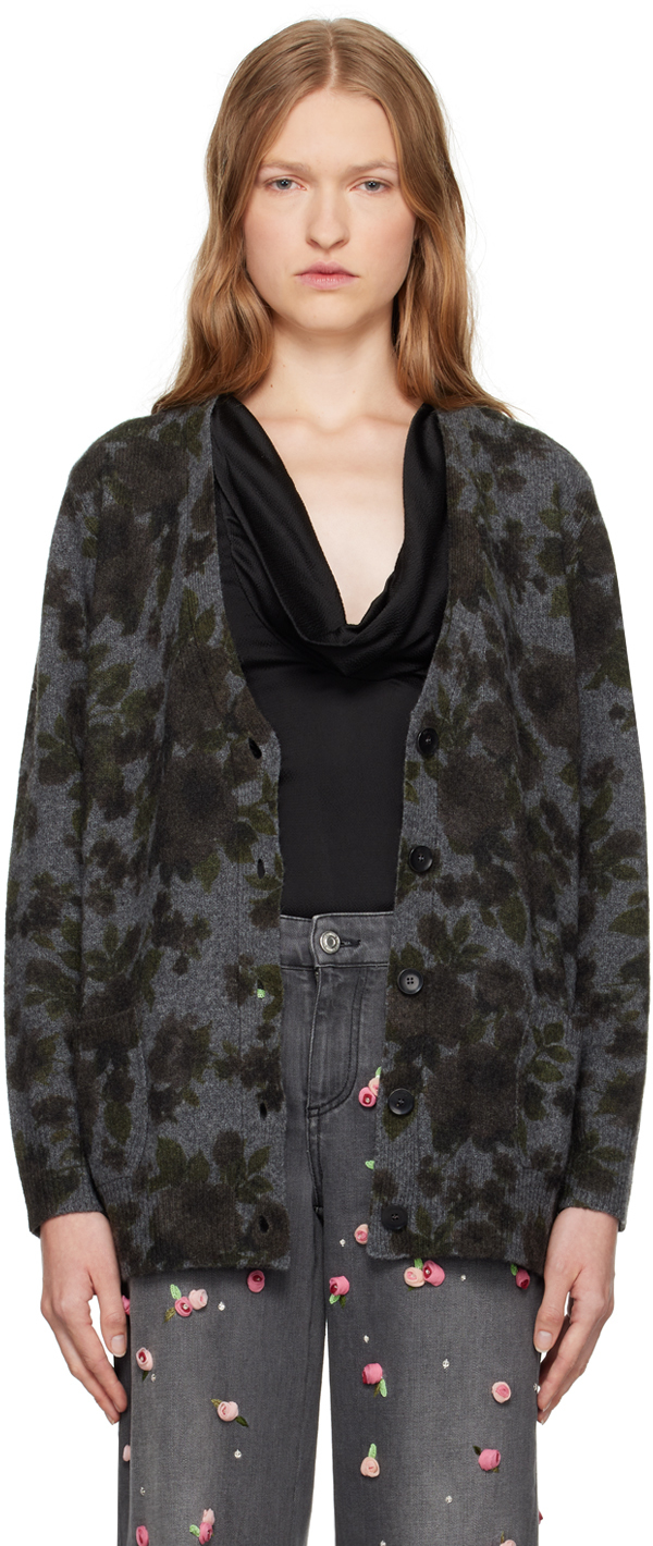 Blumarine Gray Rose Print Cardigan