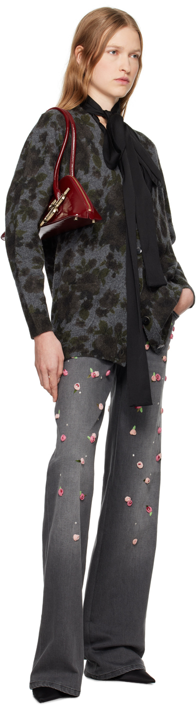 Blumarine Gray Rose Print Cardigan In F9855 Dark Shadw Gre