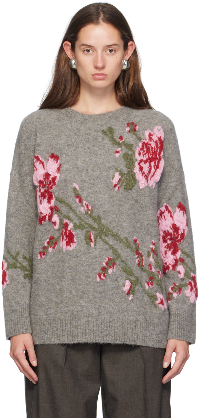 Gray Jacquard Rose Sweater