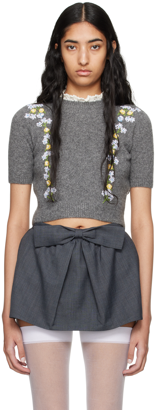 Gray Embroidered Florals Sweater